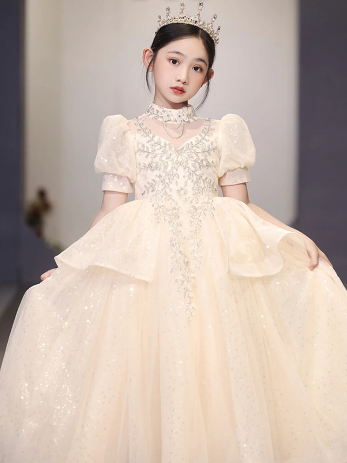 

Пышное бальное платье из тафты с пайетками и высокой талией для девочек, модный костюм для выступления на фортепиано или дня рождения в стиле принцессы