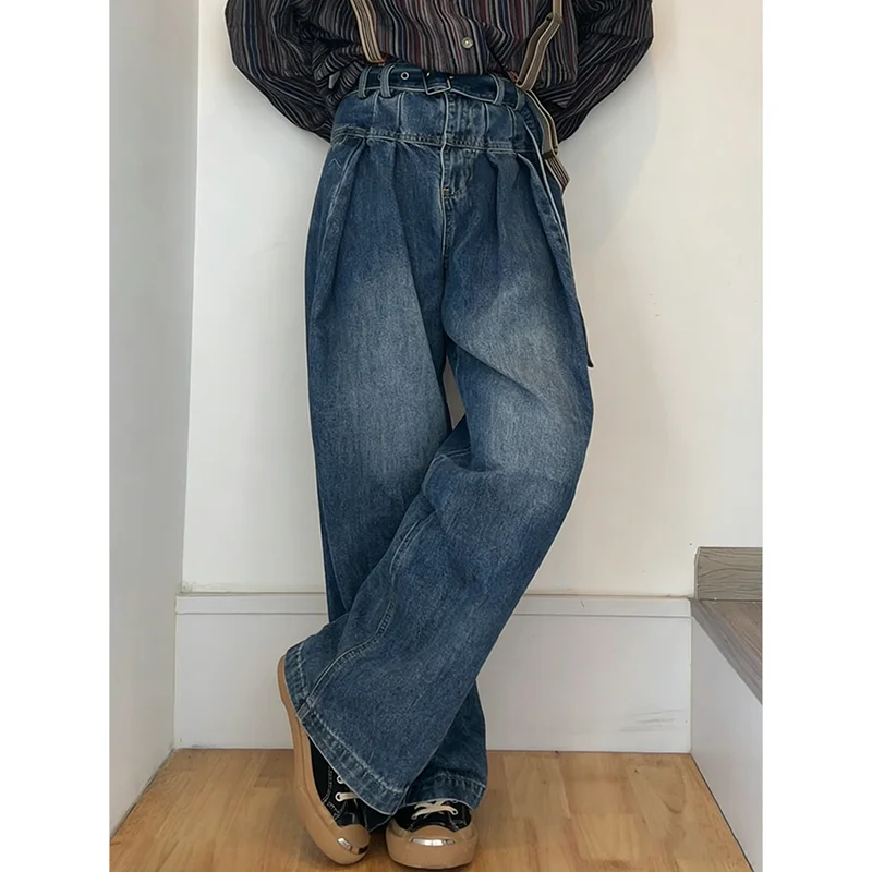 

PBAP Плиссированные мешковатые джинсы с поясом Винтажные потертые карманы с высокой талией Однотонные свободные прямые широкие брюки Повседневная женская одежда Y2k