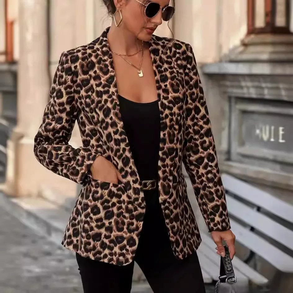 2024 New Style Leopard Print Suit Jacket Top Polyester Material Slim Fit Long Sleeve mid Length Coat for Women Fashionable