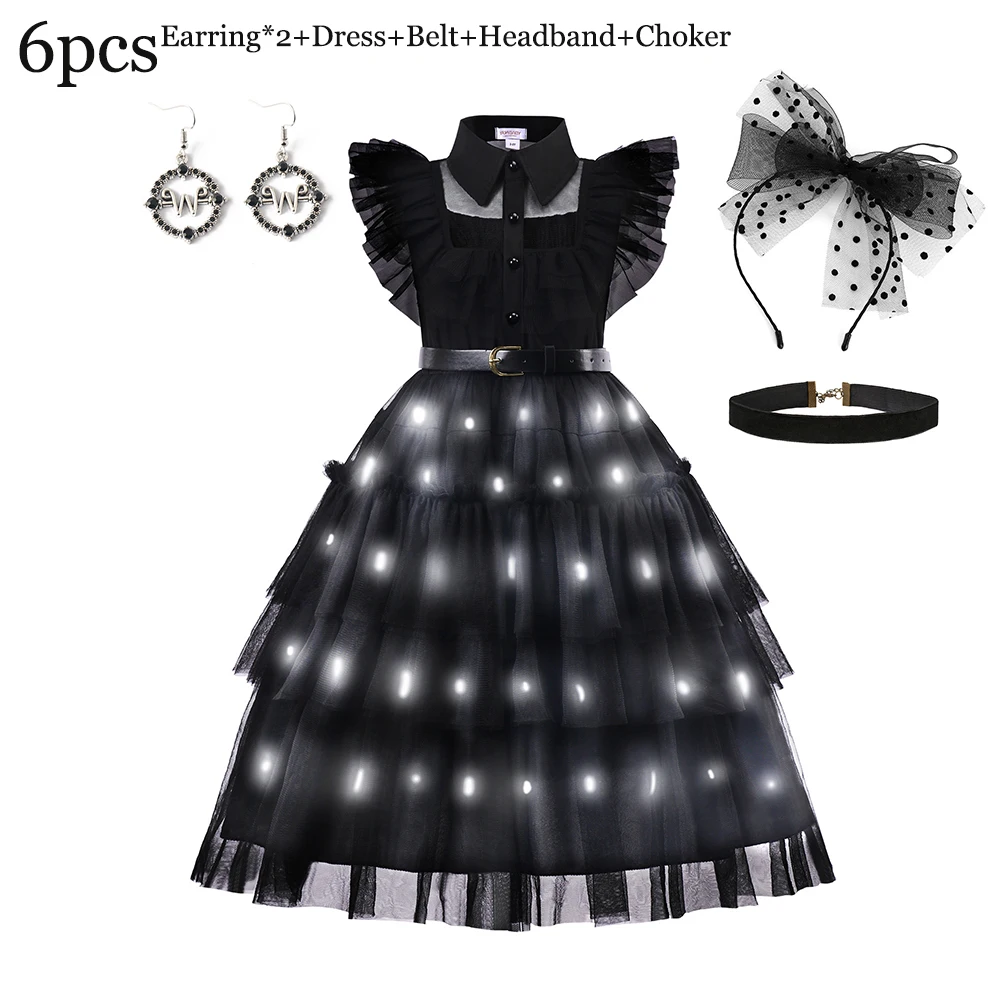 Halloween Wednesdy Merlina Addams Girl Costume With LED For Kids Fancy Carnival Party Ball Gown Princess Dress Cosplay Movie