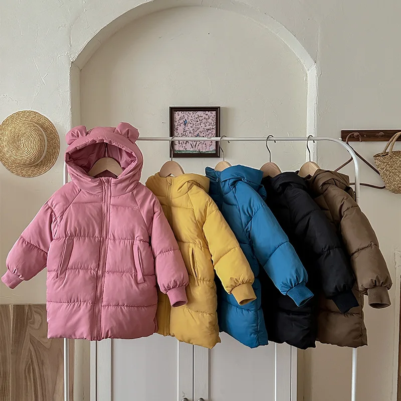 2024 Girls Winter Coat Boys Padded Thickened Warm Long Outerwear Children Solid Color Hooded New Clothes Jacket 2-8 Years Old