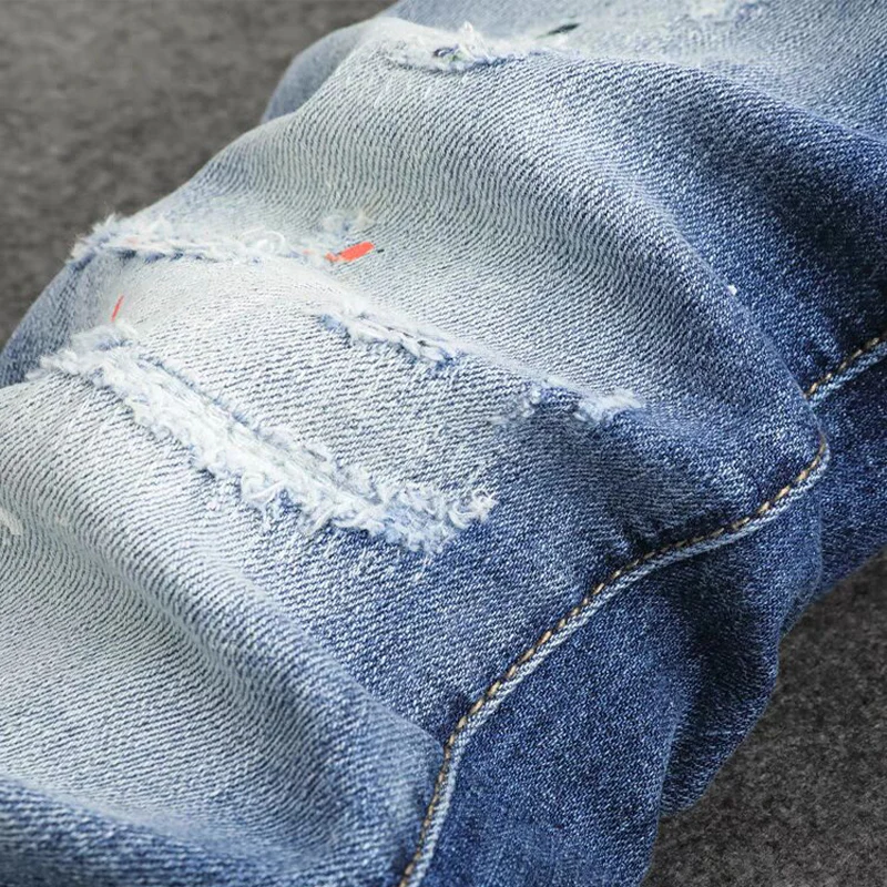Fashionable new jeans, washed with nostalgia, stretchy, slim fit, light blue men's jeans, high street hip-hop pants, y2k