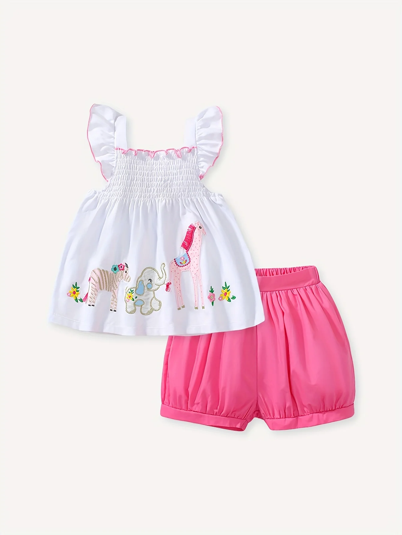 2pcs Cute Girls Flutter Trim Cartoon Animal Graphic Top and Shorts Set - Perfect for Summer!