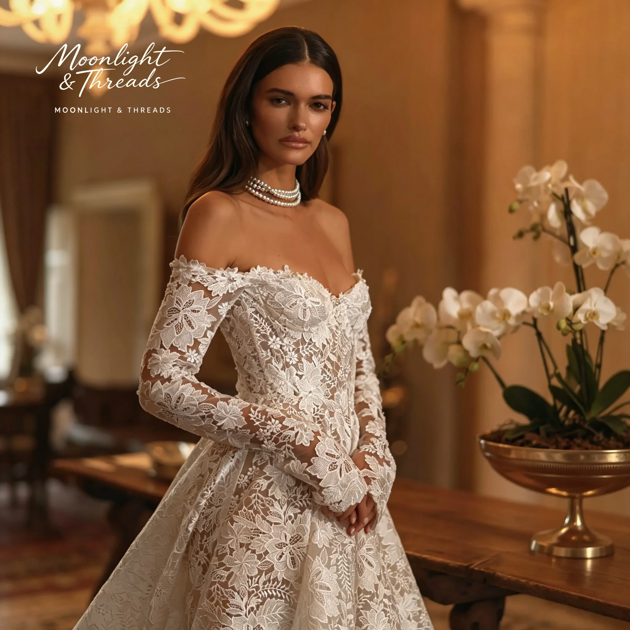 Ivory lace off-the-shoulder long-sleeve A-line floor-length formal wedding gown with exquisite embroidery