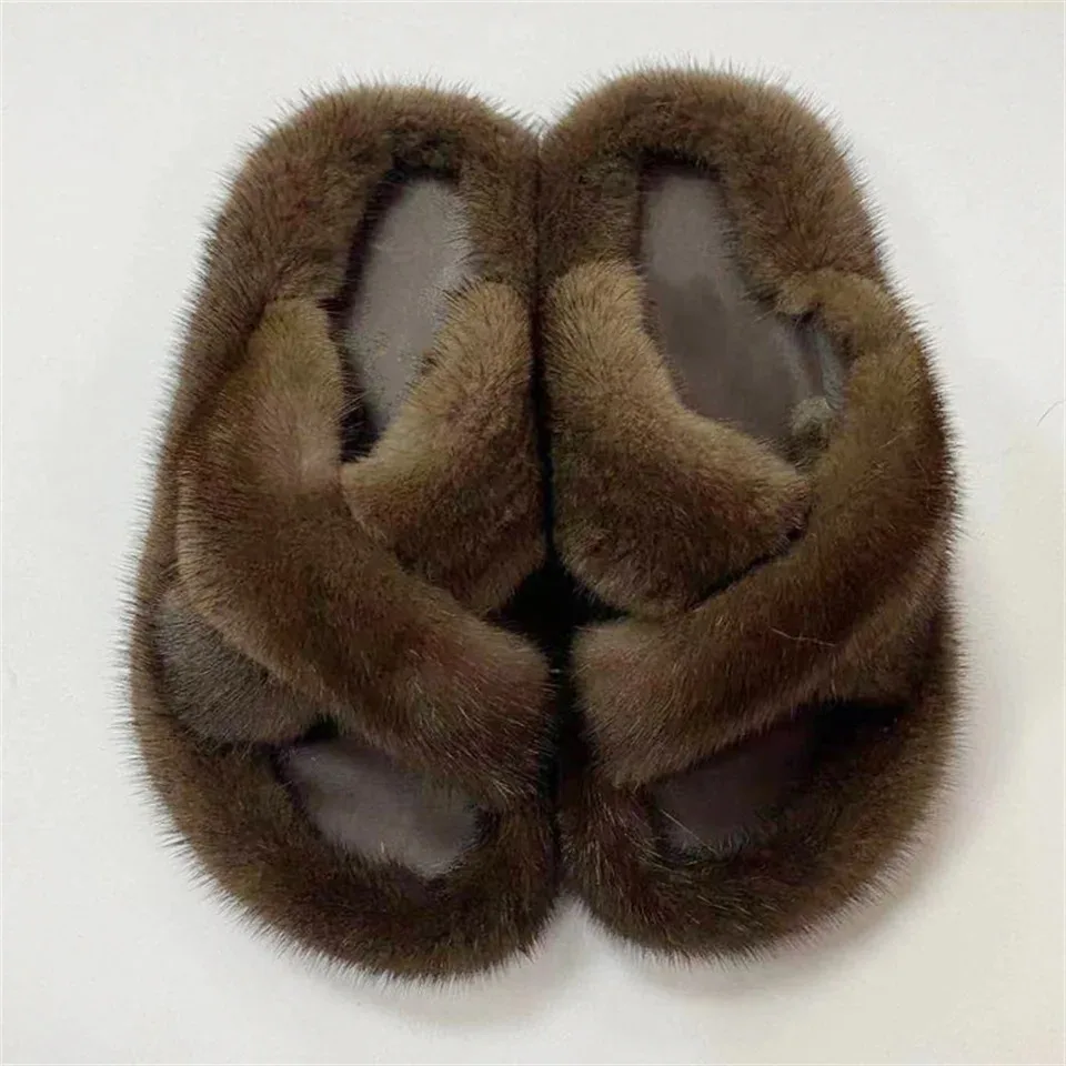 Flauschige Echte Nerzfell-Damenhausschuhe für Innenbereich Herbst Winter Luxus-Designer-Slipper Lässige Hauspantoffeln aus Flauschigem Nerzfell – Detail 7