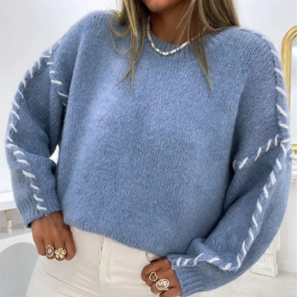 Women's Clothing Pulls Femmes Loose Knitted Contrast Color Round Neck Pullover Top Sweater All-match Loose Simple Style Trendy 6