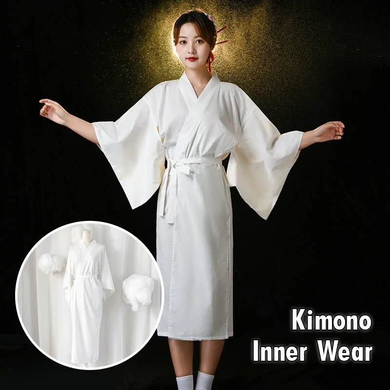 White Traditional Japanese Kimono with Belt Robe Length Sleeves Yukata Lining Pajamas for Vacation Spa Hospital Deliver and Gym