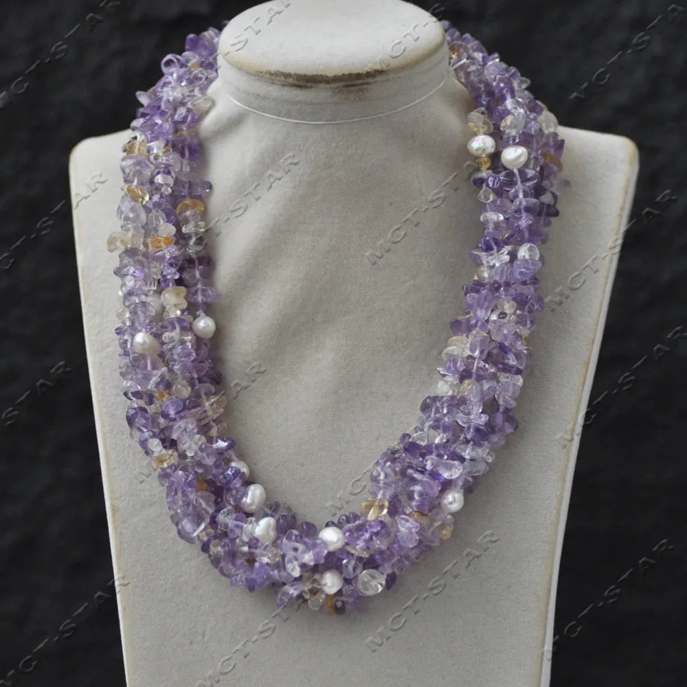

Z14201 6 рядов 19-дюймовое ожерелье из натурального жемчуга в стиле барокко, лаванды, аметиста, измельченного камня, белый круглый жемчуг