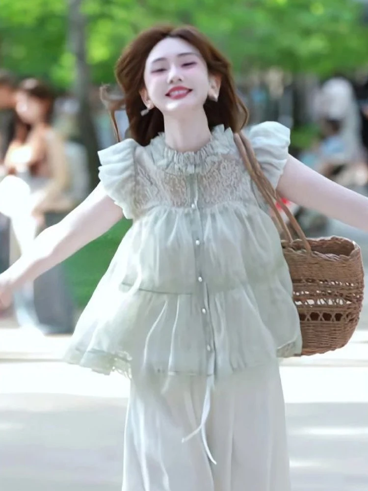 Sweet Style Lace Splice Short Sleeve Women's Shirt Summer New Loose Casual Versatile Top Single Button Anti-Wrinkle Fly Sleeve