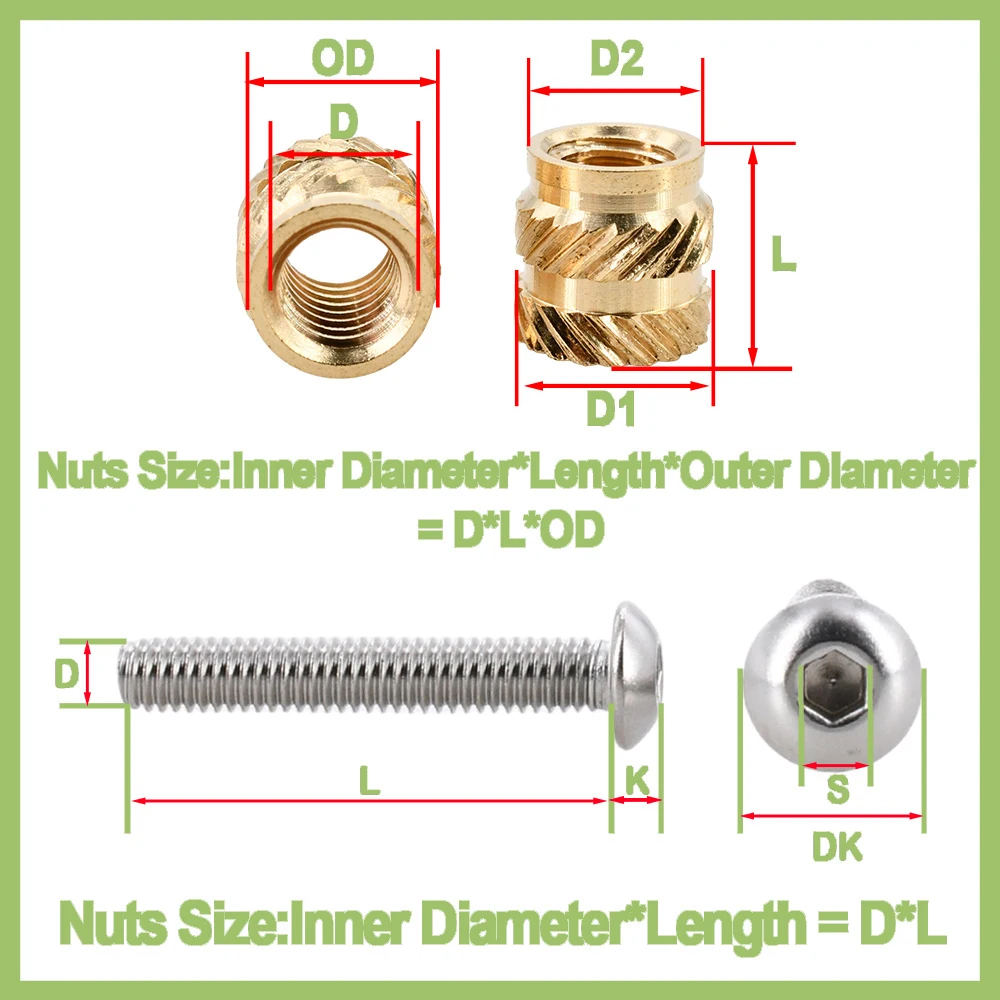 M2 M3 M4 Messing Warmte Set Inzetmoer En 304 Roestvrijstalen Schroef Heet Smelt Gekartelde Inbedding Moeren Bout Assortiment Set