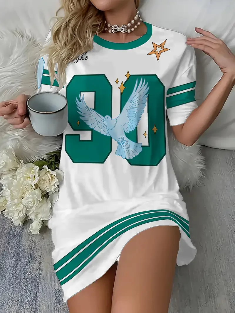 Letnia damska sukienka T-shirt plus size, codzienna, z nadrukiem Gołębia Pokoju nr 23, damska sukienka wkładana przez głowę z krótkim rękawem, odzież damska.