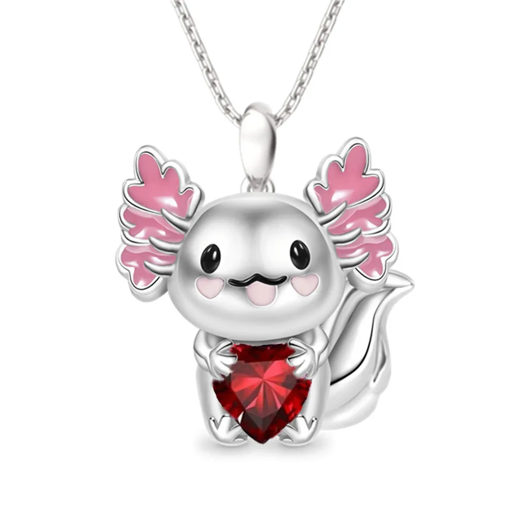 Girls Fashion Cartoon Embrace Pink Love Black Eyed Salamander Little Dragon Man Women\'s Necklace Pendant Birthday Gift Jewelry