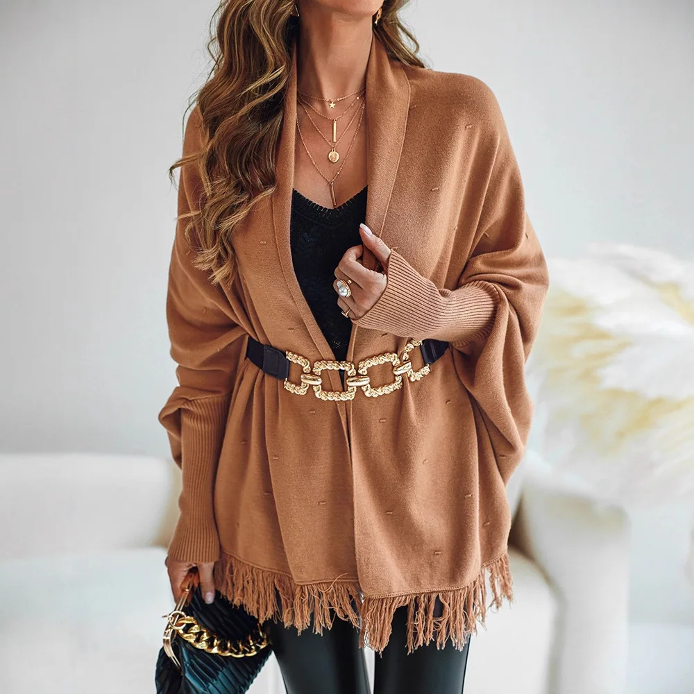 

Women Solid Color Loose Open Cardigan Jumper Sweater Open Front Long Sleeve Sweater Tassels