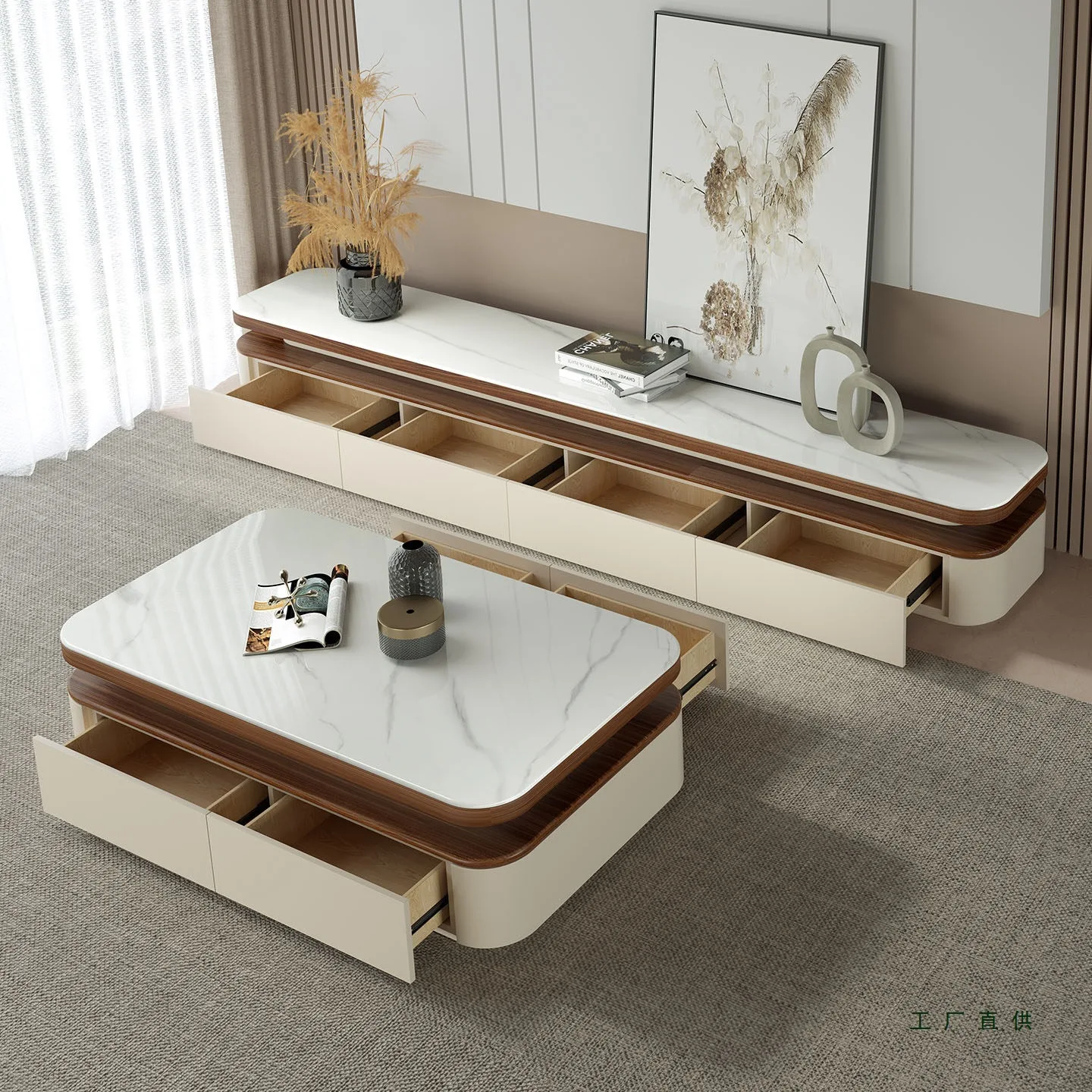 New medieval rock slab coffee table living room household cream wind minimalist floor coffee TV combination