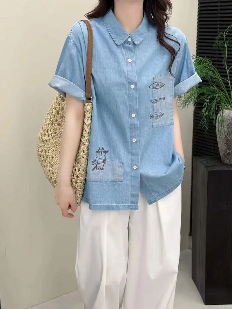 

New 2026 Summer Women Denim Short Sleeve Shirt, Turn-down Collar Embroidery, Mori Girl Vintage Japan Style Loose Blouse T63054CC