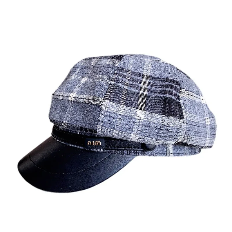 2024 Design Wide Pu Brim Quilting Casquette Cap Women Vintage Plaid Autumn Spring Ladies Letter Octagonal Cap Street Sombreros