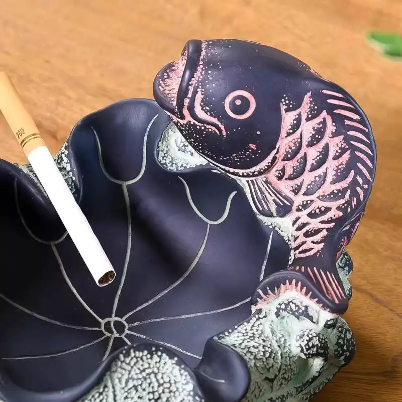 Retro Country Style Lotus Leaf Fish Ashtray. A Desktop Dust-proof Storage Box For Keeping Dust Off, Elegant Desktop Decoration