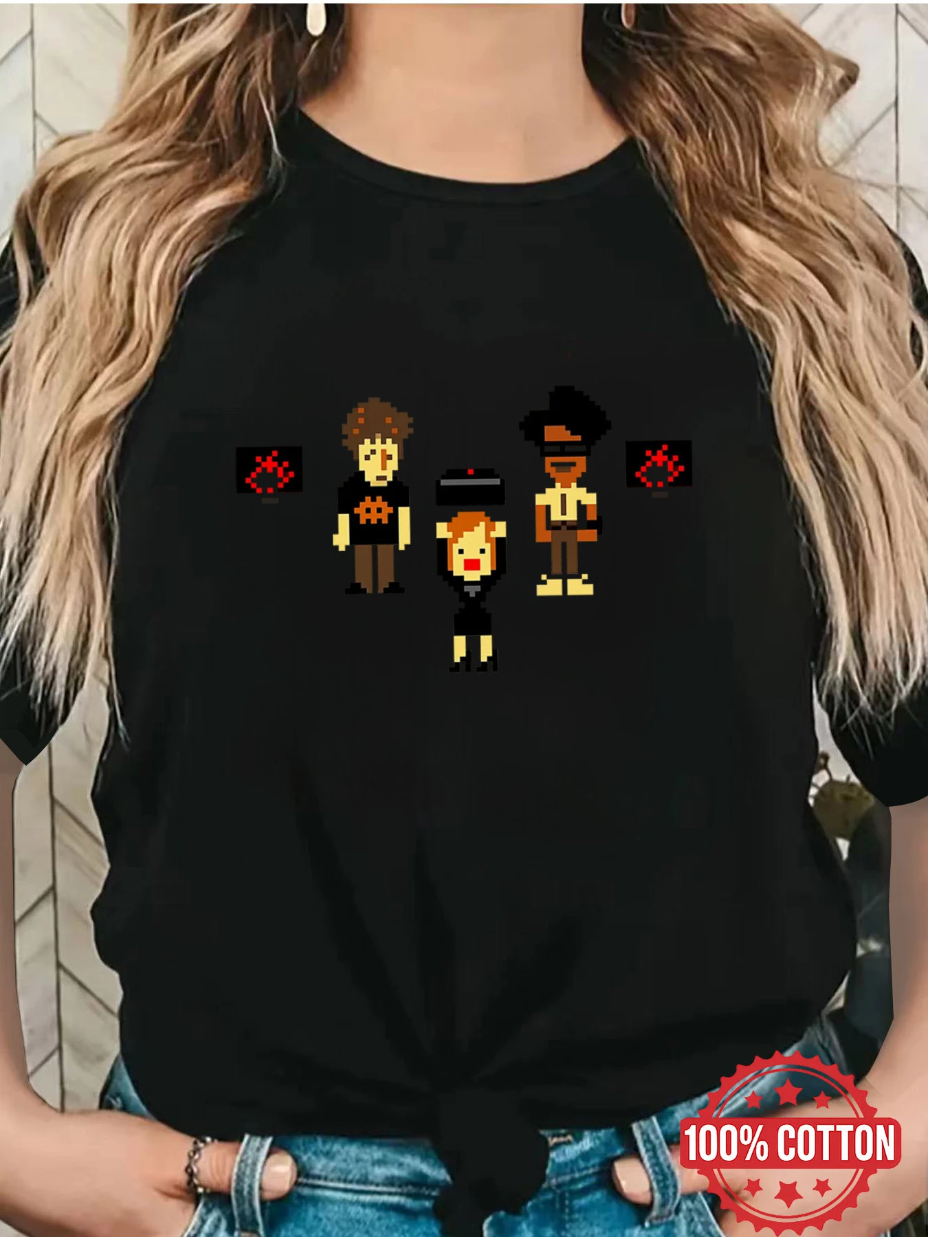 Women's Retro 8-Bit Gaming T-Shirt – Casual 100% Cotton Short-Sleeve Top with Flame Display and Pixel Art Design  t-shirts