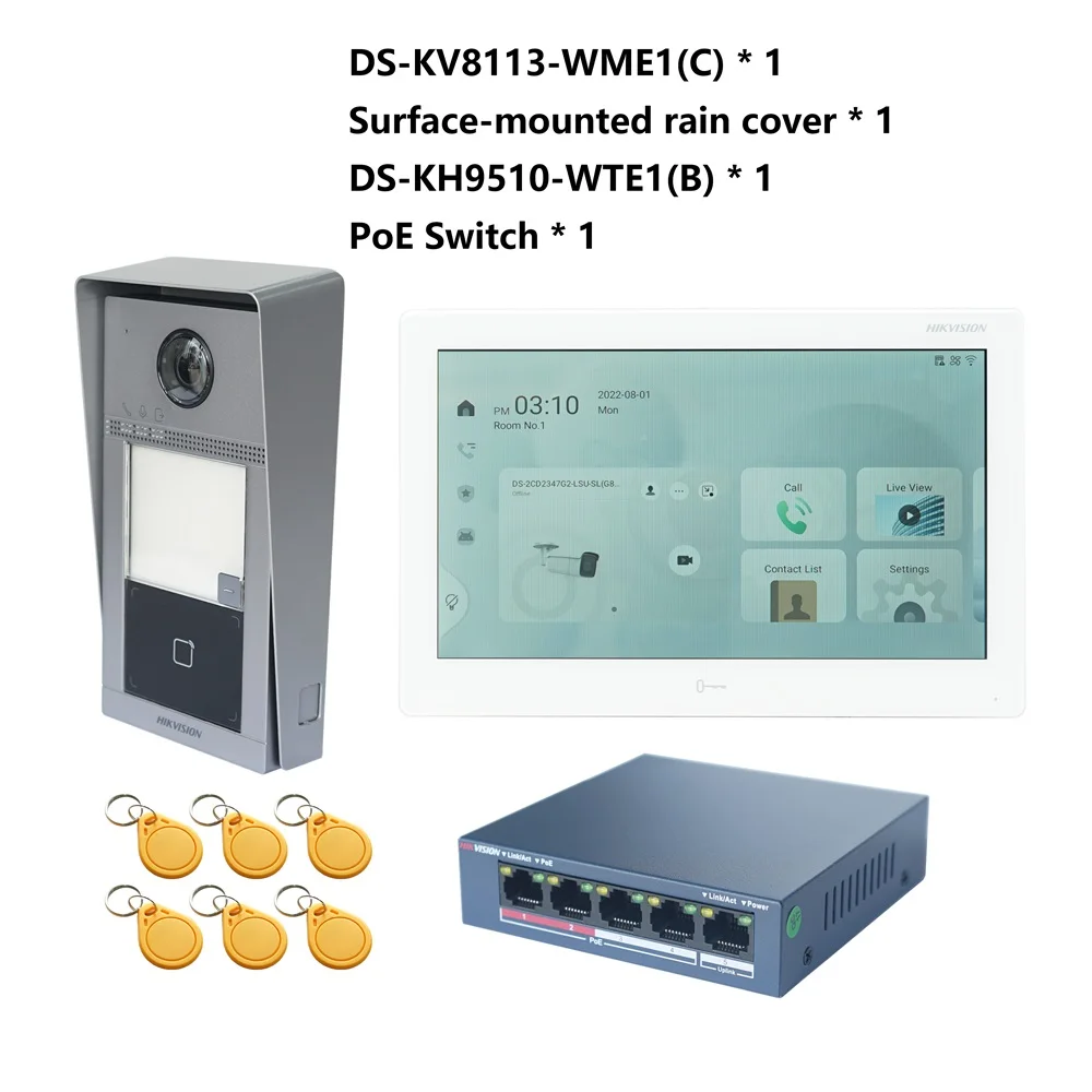 HIKVISION Multi-language 802.3af POE Video intercom KIT,include DS-KV8113-WME1(C) & DS-KH9510-WTE1(B) & PoE Switch