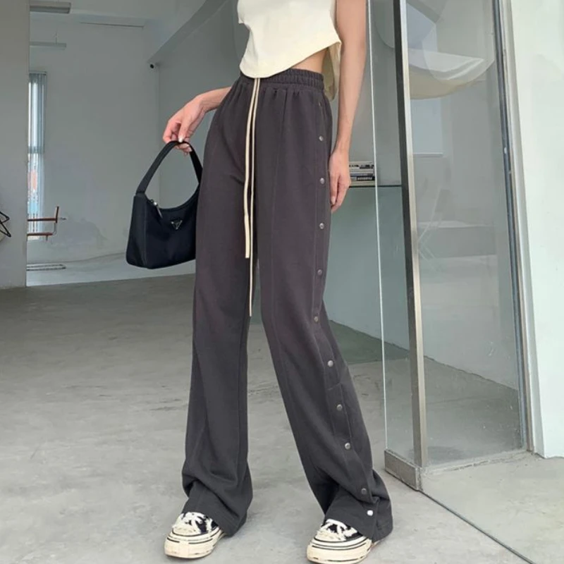 Pants Women Simple Leisure All-match Loose Autumn Sporty Slit Daily Fashion Solid Design High Waist Elegant Straight Tender Cozy