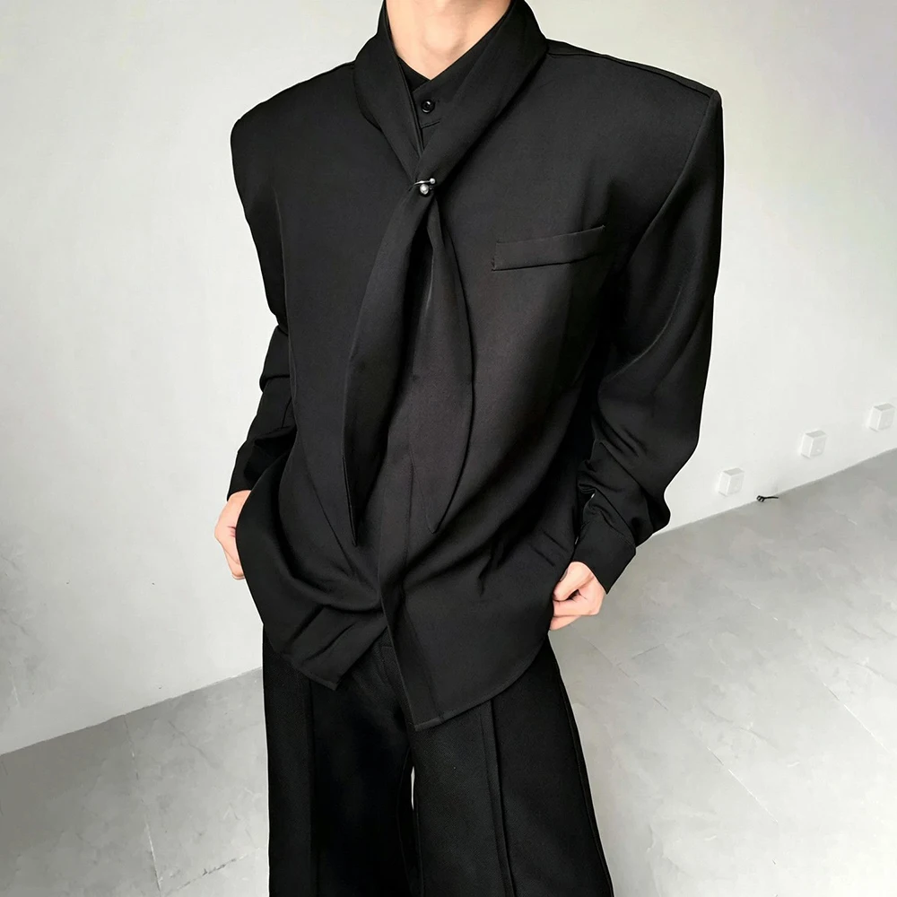 Mens Y2k Neckerchief Design Padded Shoulder Shirt Streetwear Fashion Niche Nightclub Stage Youth Casual Loose Statement Top 2026