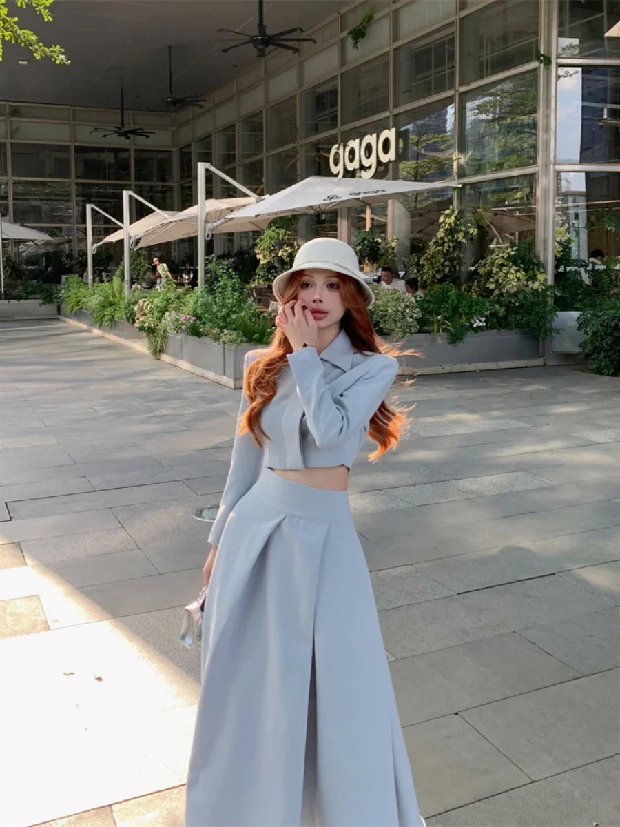 UNXX~ Chic Blue Lapel Coat Top for Women Female Office Lady: Autumn New High-waisted A-line Skirt Two-piece Set Fashion Elegant