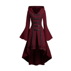 2024 Women's Fall Winter Grommet Gothic Hooded Top High Low Hem Buckle Flare Sleeve Frilled Tops Long Sleeve Hoodie Top