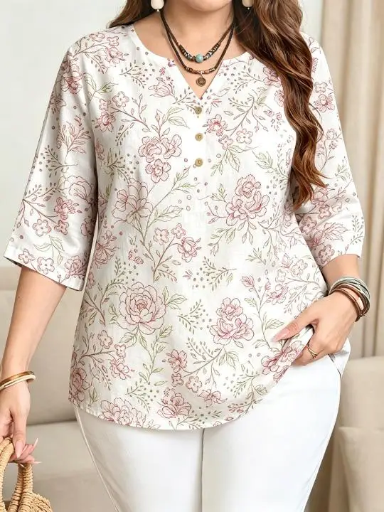 Women 3/4 Sleeve V‑Neck Blouse Button Decor Line Drawing Sunflower Rose Floral Print Casual Ladies Tops