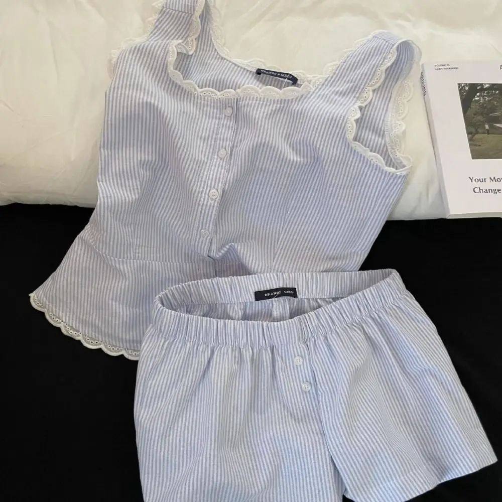 

Fashion Lace Striped Pajamas Blue Suit Sleeveless Nightwear Single Breasted Sleeping Home Suit Women