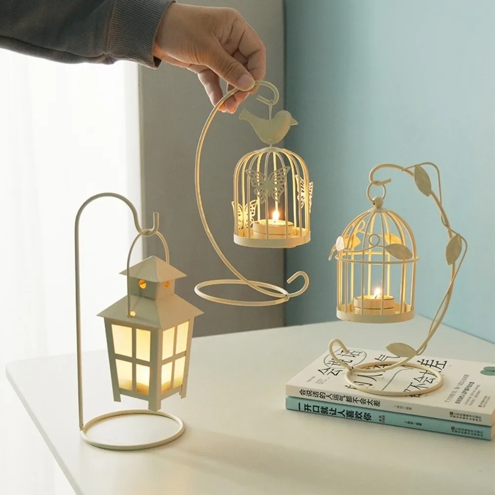 Modern Iron Hanging Candlestick Leaves Cage Shaped Decoration Candle Holders Hollow out Candle Stand for Home Coffee Shop Hotel
