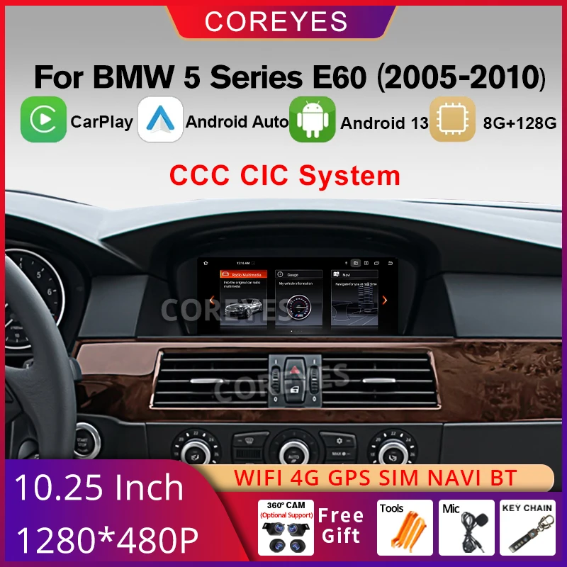 COREYES 8,8 zoll 1280*480 P Multimedia Player Android 13,0 Für BMW 5 Serie E60 E61 E62 E63 CCC CIC System GPS Carplay BT Auto Radio