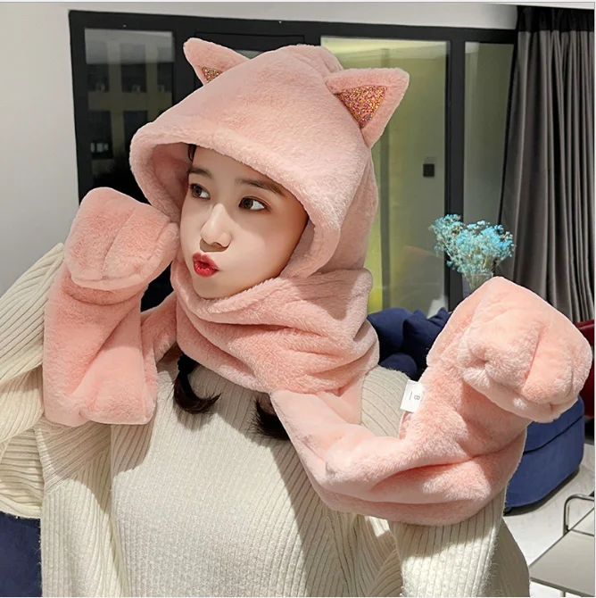 Hat Female Autumn Winter Scarf Hat Gloves One Three Piece Fox Ear Warm Ear Protection Cold Hat Girl Outdoor Grey