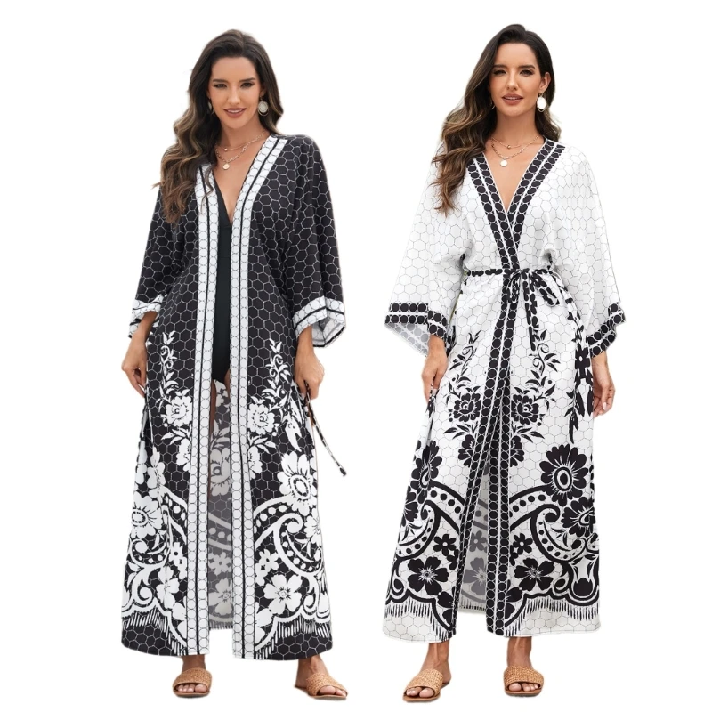 Women Open Front Beach Long Kimono Coverup Cardigans with Waist Band, Beach Coverup Flower Print Cardigans