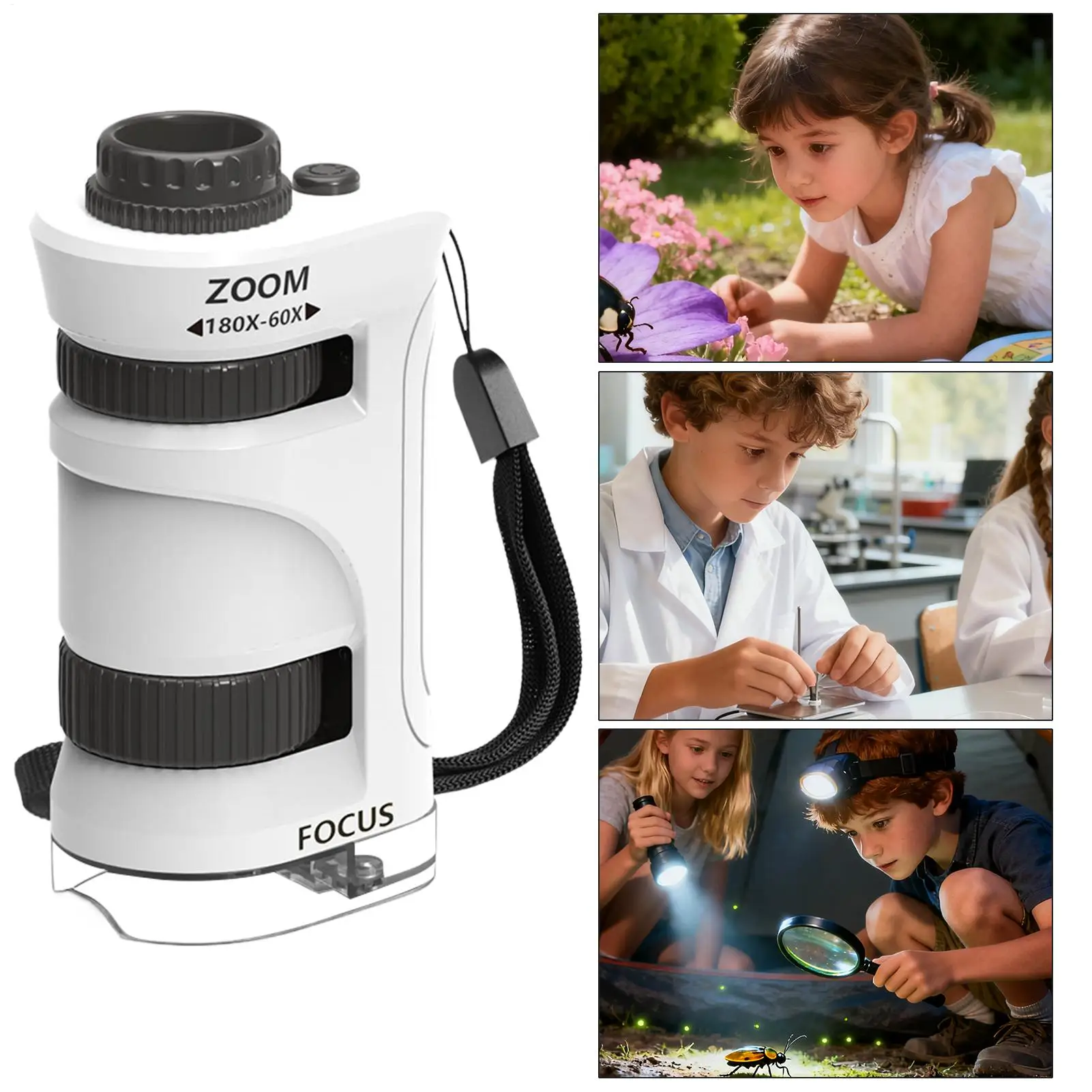 Microscópio infantil com zoom 60-80X, microscópio de ampliação infantil com 12 peças de slides, brinquedo científico educacional para acampamento, escola