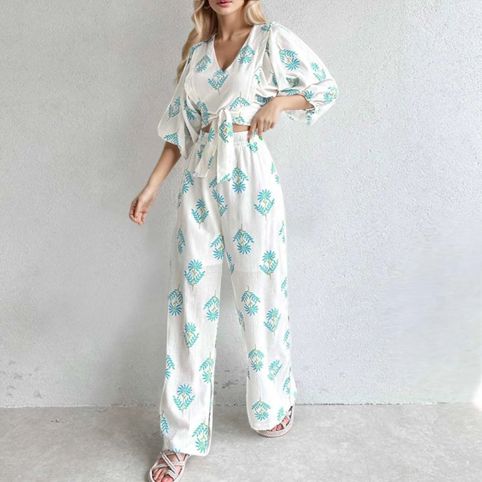 

Summer 2 Piece Set Womens Long Sleeve Shirt Fashion Floral Print Lapel Button Loose Blouse Tops Street Style Comfortable Outfit
