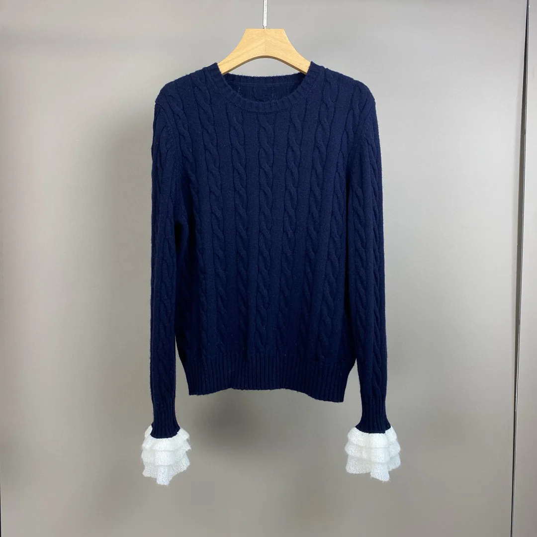 سترة جديدة لخريف وشتاء 2025 بأكمام من الدانتيل ورقبة دائرية من الصوف الخالص - أنيقة وعادية وأنيقة