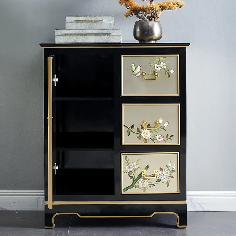 New Chinese Style Hand Painted Entrance Cabinet Black Gold Flower and Bird Decorative Storage Locker for Home