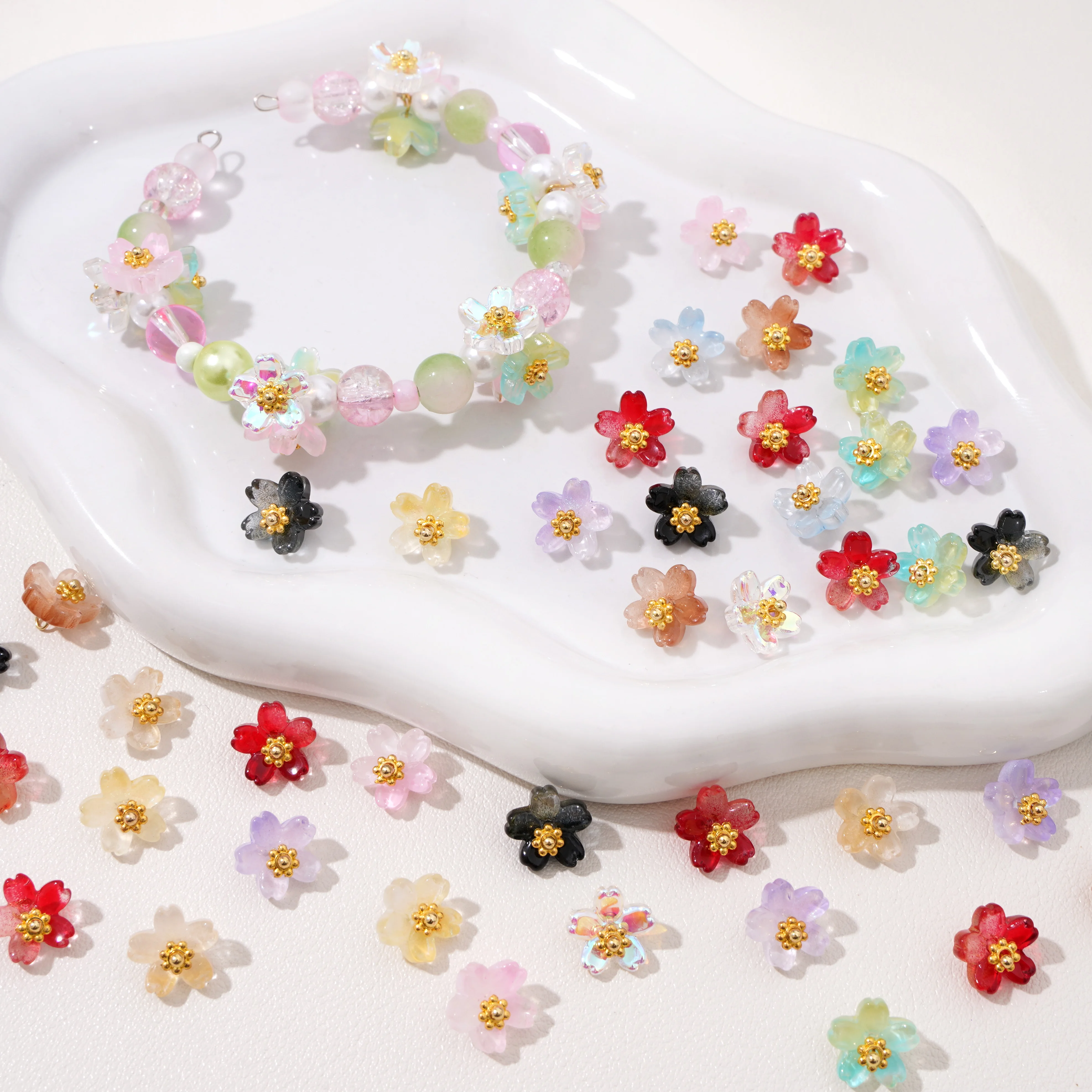 5pcs 10mm Colorful Gradient Sakura Glass Charms Jewelry Making DIY Bracelet Necklace Pendants Accessories Jewelery Materials