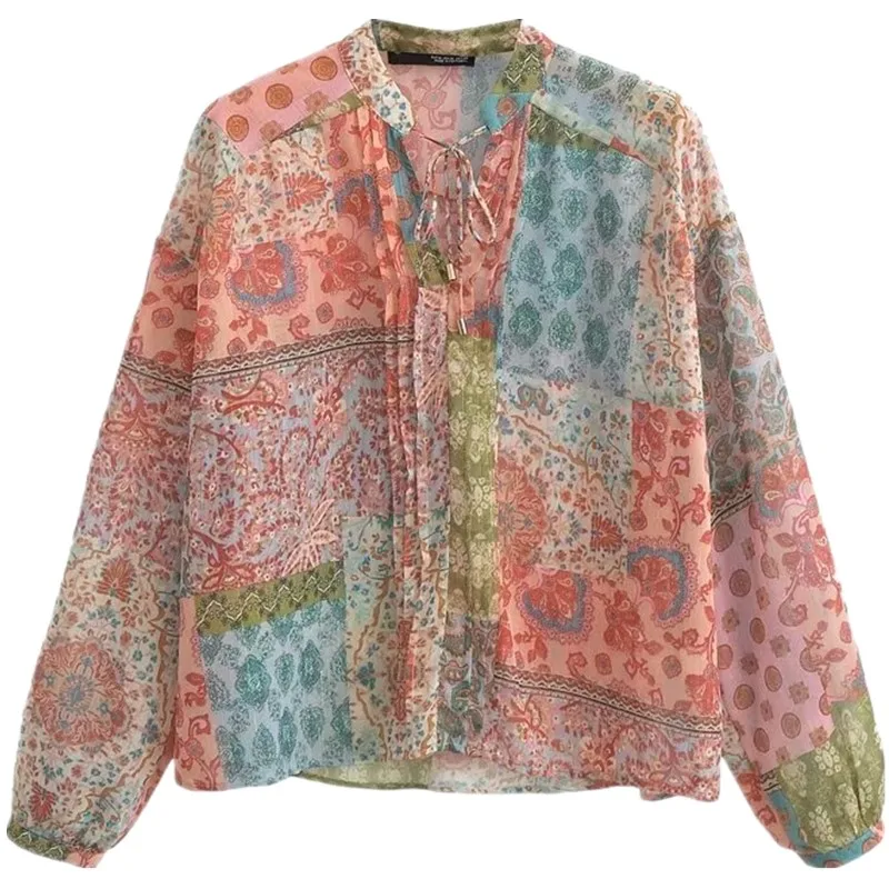 

Faionable Patchwork Print Long Sve irt Cover up Women's Clothing Spring Summer New Sle Floral Pattern V Ne Commute...