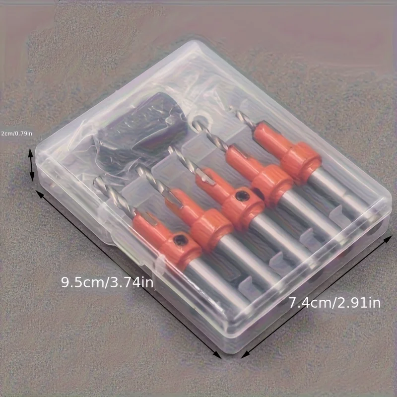 1set Boxed Woodworking Countersunk Set, Equipped with 5 Drilling Tools And 1 Size Adjustment Plug, 8Mm Round Handle, 2.8-4.0Mm T
