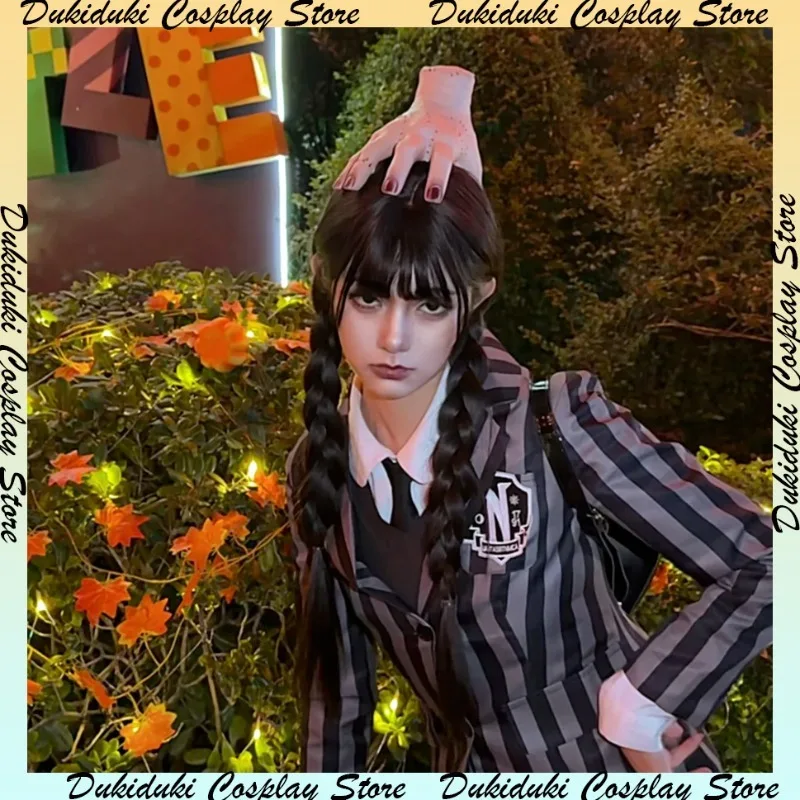 

Addams Costume Girls Women Black Striped Academy School Uniform Cosplay Costume Family Halloween Birthday Party Clothes Dress Up