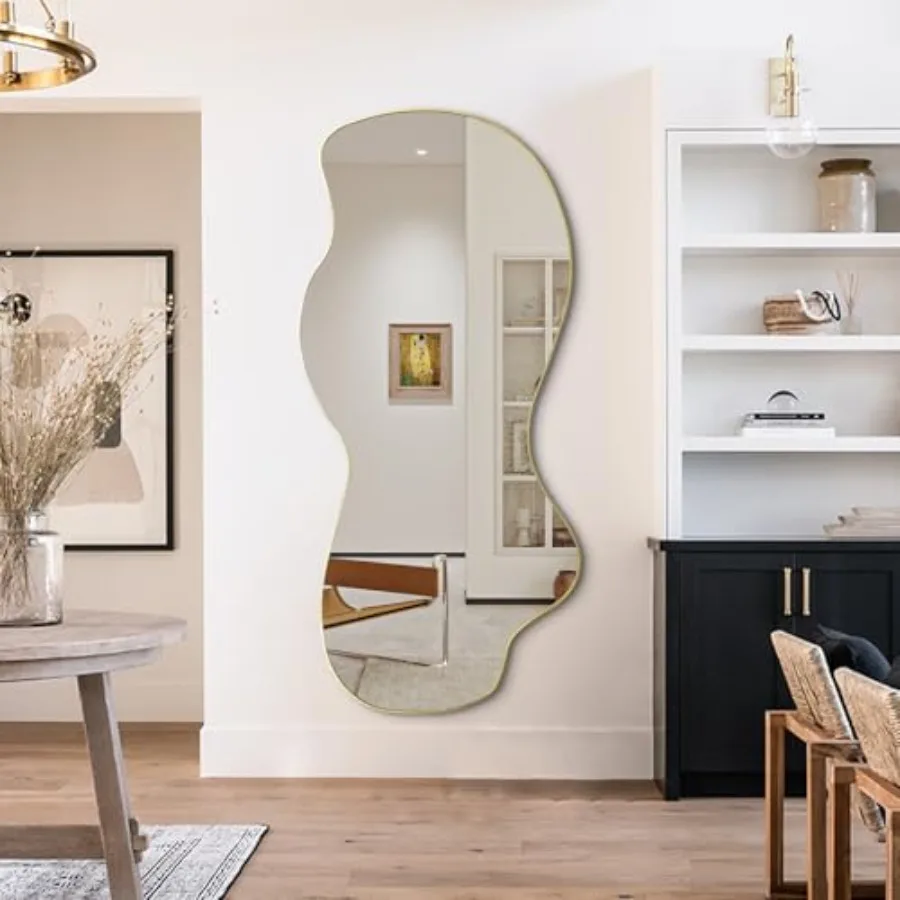 Large Irregular Mirror 63x30 Gold Asymmetrical Frameless Mirror Modern Organic Shape Wall Mirror for Living Room Bedroom Hallwa