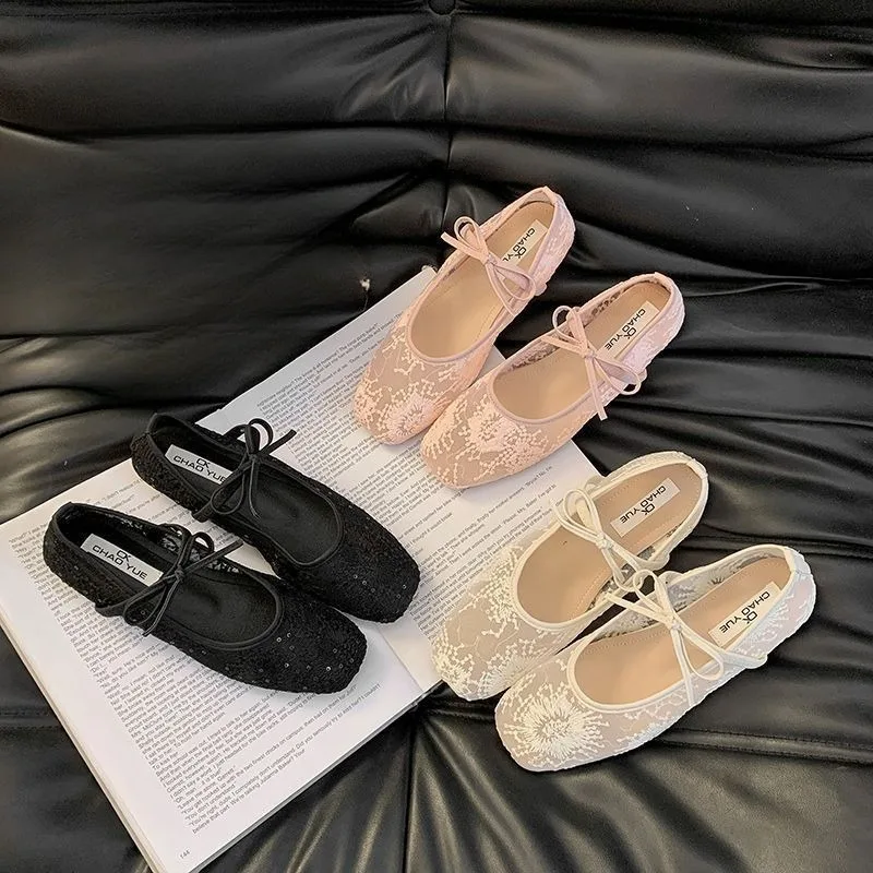Women's Sandals Summer Lace Mary Jane Ballet Flats Square Toe Slip-On Shoes for Woman Breathable Casual Comfortable Woman Shoes
