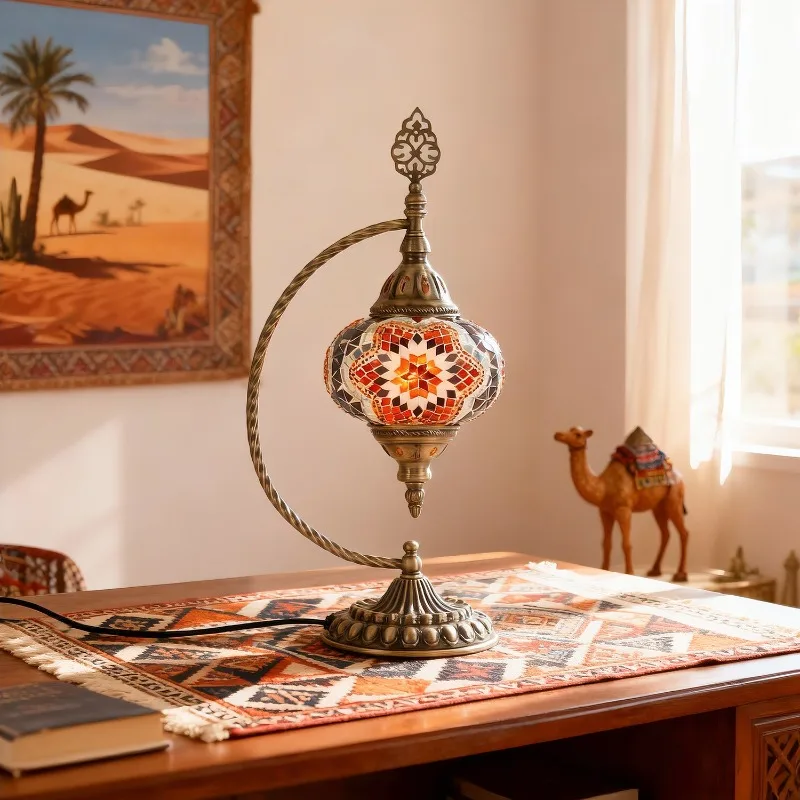 Turkish Mosaic Glass Table Lamps Curved Antique Bronze Metal Base Moroccan Bohemian Bedside Night Light Bedroom Cafe Study Hotel