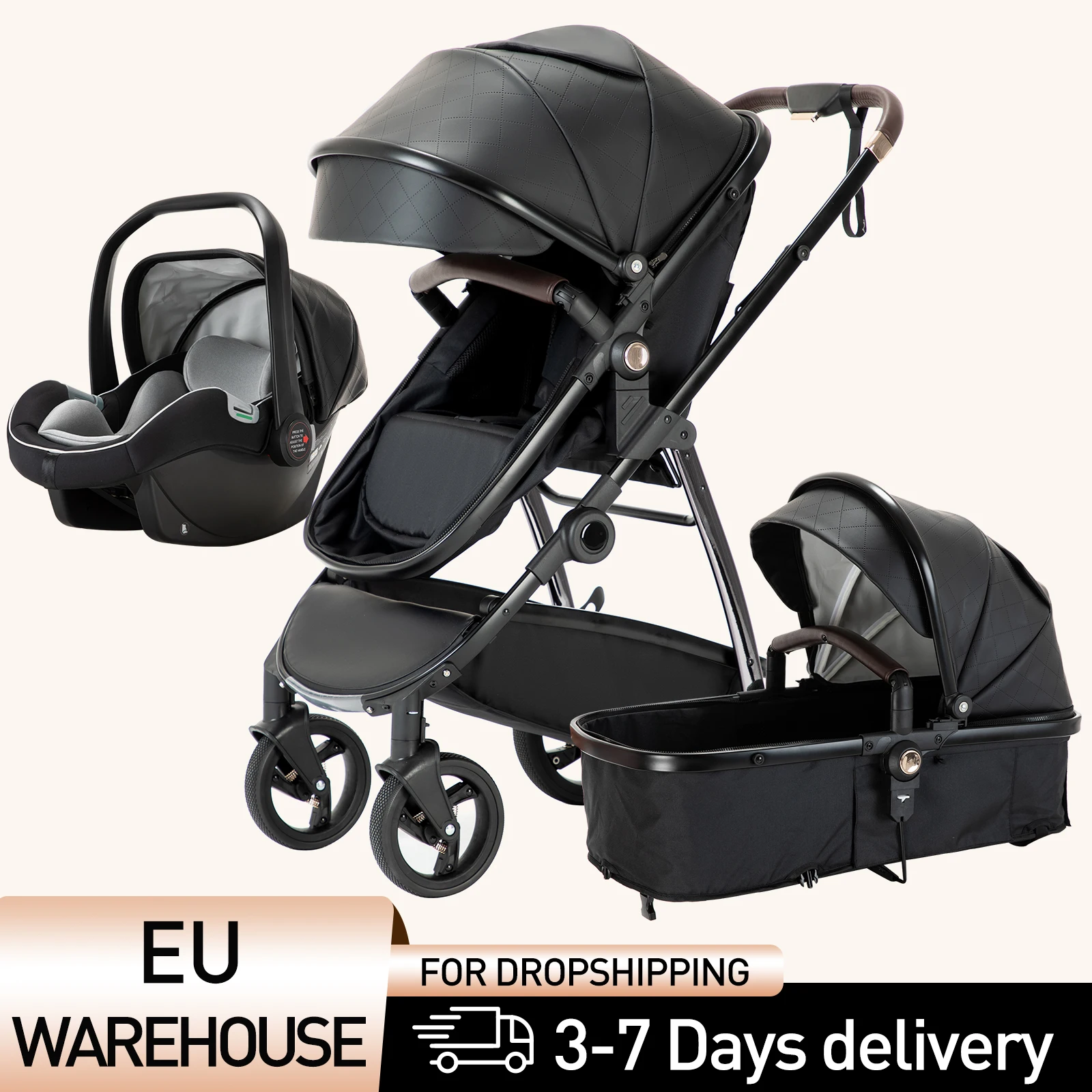 New Luxury Baby Stroller 3 in 1 Portable Travel Baby Carriage Fold Pram High Landscape Aluminum Frame Newborn Infant Stroller