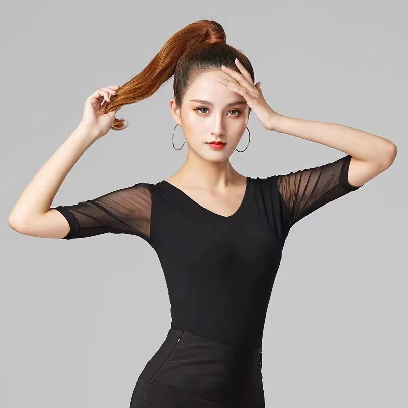 Black Elastic Mesh Half Sleeve Latin Tight Top Modern Social Flamenco Dance Practice T Shirt Ballroom Tops Wholesale