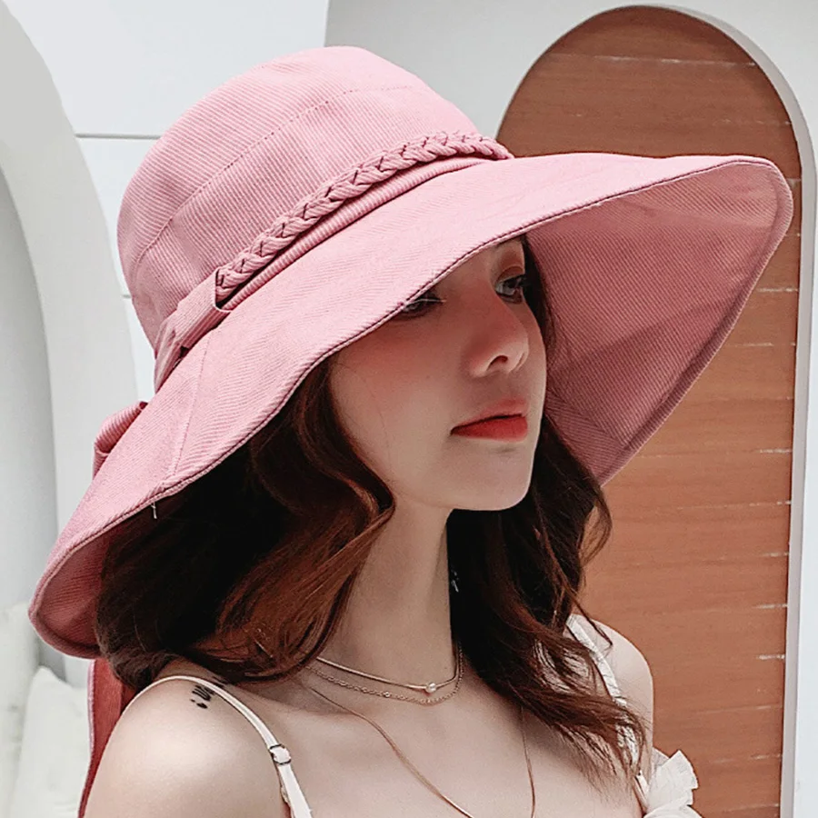 

Braided Ribbon Bow Sun Hat - UV Protection Wide Brim Foldable Bucket Hat (Plum/Khaki/Black/Brick Red/Caramel)