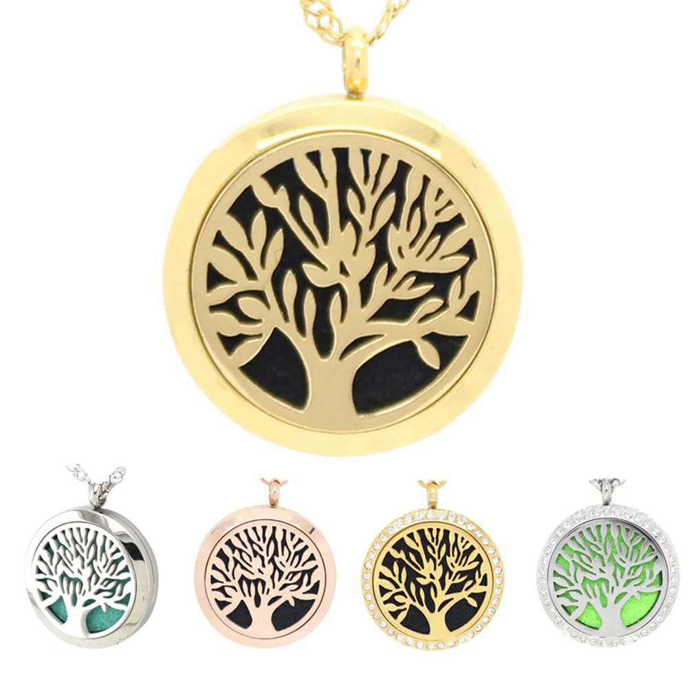 

Stylish Aromatherapy Necklace Openable Tree Locket Pendant Unique Design Colored Slices Refillable Aromatic Jewelry for Women