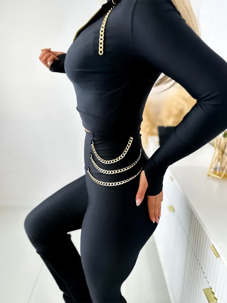 Women's Two-Piece Set Suits 2024 New Fashion Spring Autumn Zipper Design Clothing Chain Decoration Tight Fitting Slim Pants Sets