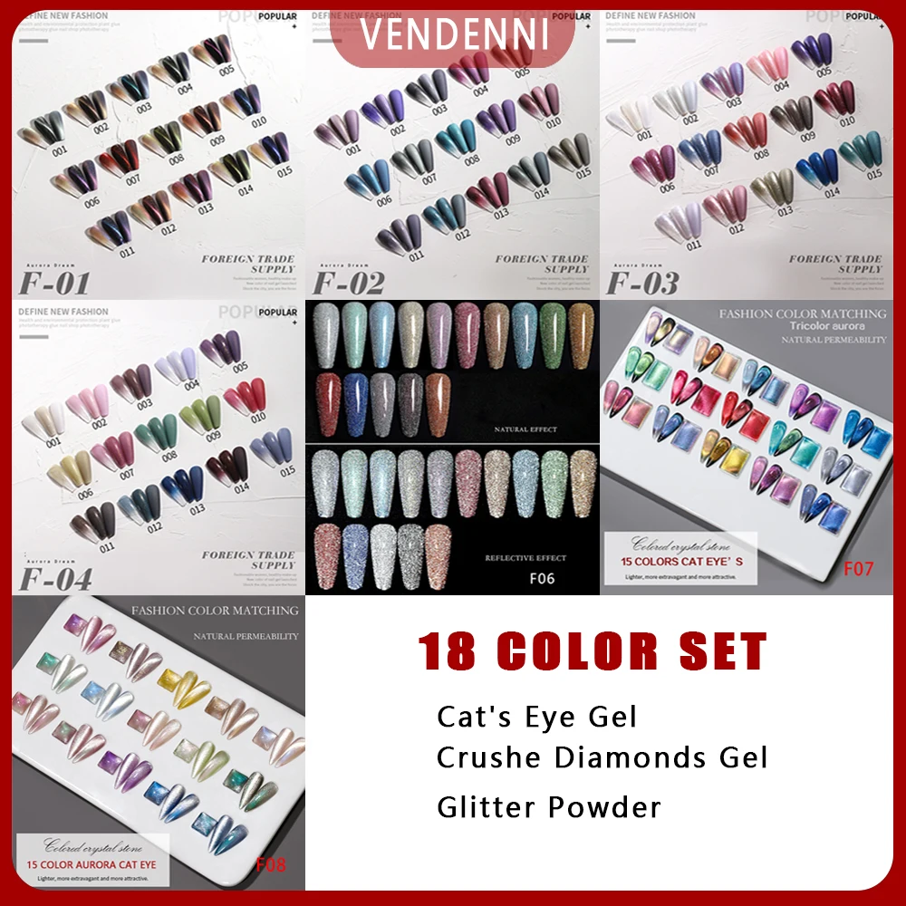 

Vendeeni 15Pcs/Set Glitter Cat Eye Crushed Diamonds Gel Nail Polish Set Semi Permanent Soak Off UV Led Hybrid Gel Varnish
